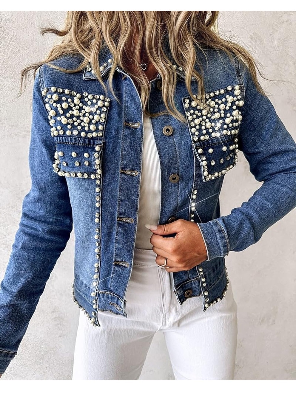 Denim Pearl Embellished Jean Jacket - Blue - Picture 3 of 5
